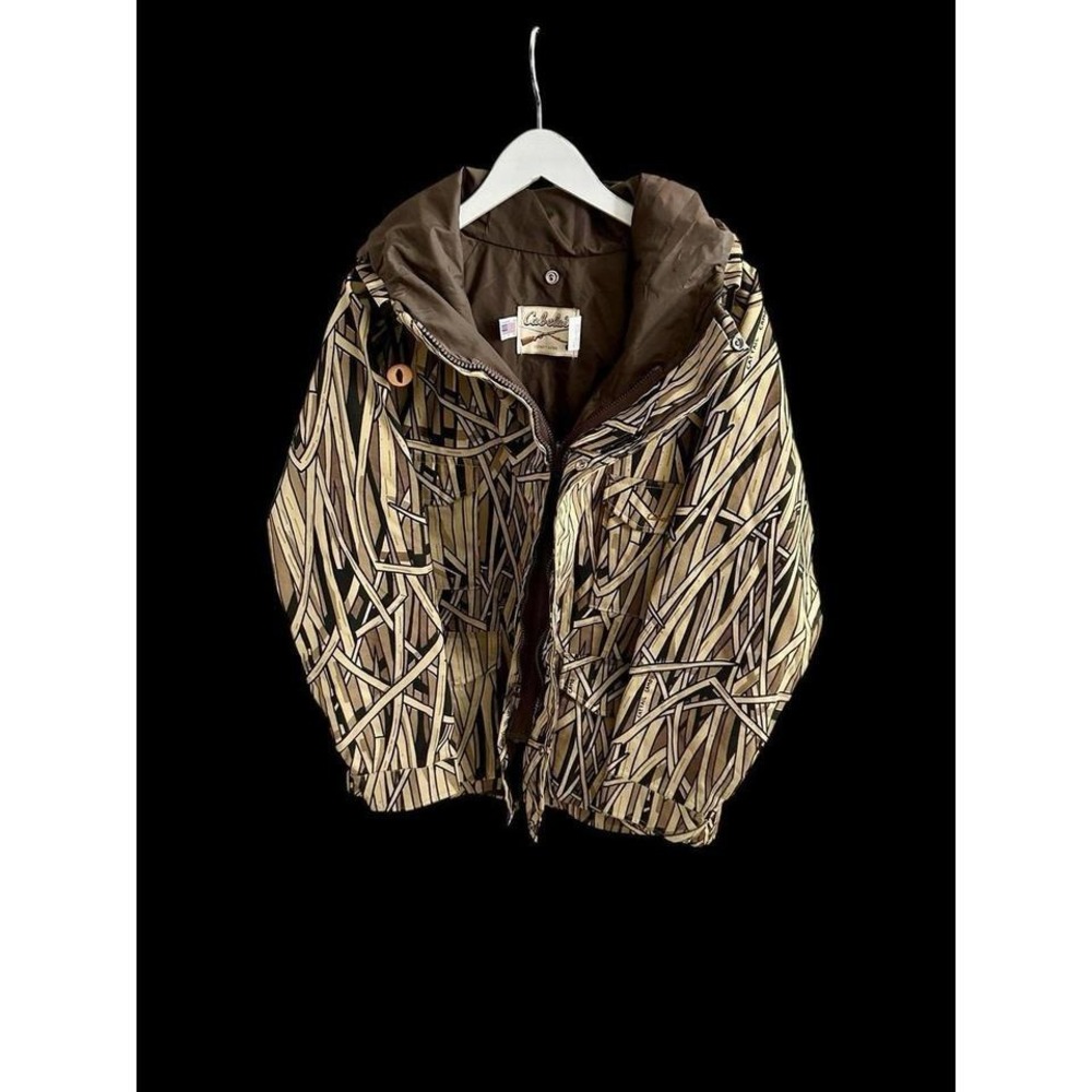 Vintage 80's Cat Tail Camo Cabelas Shell Jacket Sz Medium Beige Tan Brown‎